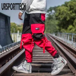 봄 힙합 레드 망 joggers 바지 패션 캐주얼 남성 하렘화물 멀티 포켓 리본 남자 스웨트 팬츠 streetwear 210715