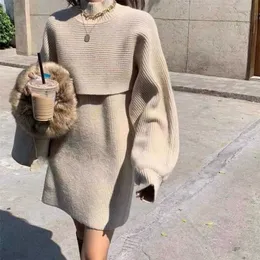 ABRINI Women Two-pieces Fleece Dress Sets Winter outfits Knitted Pullover and Tank Dress Sets Thick Dress Sets Women Winter 211108