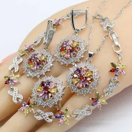 Silver Color Jewelry Sets Women Multi Color Semi-precious Necklace Pendant Bracelets Earrings Rings Christmas Gift H1022