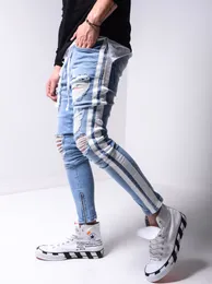 Side Striped Ripped Jean Mens Fashion Denim Long Pencil Pants Clothes Male Black High Street Slim Biker Jeans