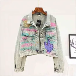 Arrived Denim Jacket Woman Boyfriend Style Long Batwing Sleeve Letter Graffiti Coat Vintage High Quality 210603