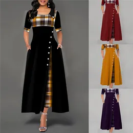 Elegant Plaid Print Dress Women Half Sleeve Button Pocket Long Dress Ladies Vintage A-Line Big Swing Maxi Party Dresses 2021 x0521