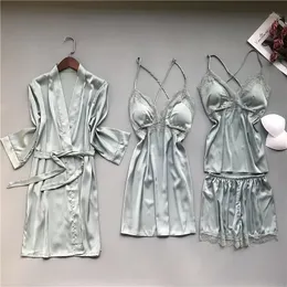 Kvinnors Sleepwear Sommar Nightwear 4PCS Sova Set HomeWear Satin Lace Kvinnor Hemkläder Robe Intima Underkläder Grå