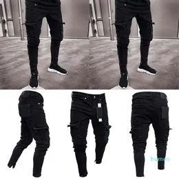2021 Fashion Black Jean Men Denim Skinny Biker Jeans Destroyed Frayed Slim Fit Pocket Cargo Pencil Pants Plus Size S-3XL