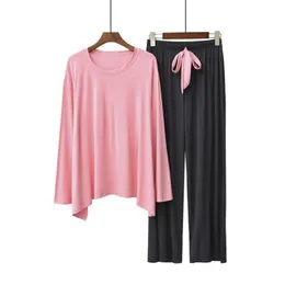 Z długim rękawem Modal Piżamy Zestaw Kobiety Spodnie 2piec / garnitur Cool Homewear Dres Moda Sexy Jesień Duży rozmiar Slee 210831