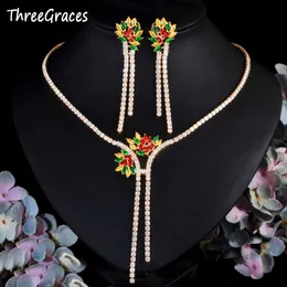ThreeGraces Sparkling Multicolor Leaf Cubic Zirconia Long Dangle Drop Necklace and Earrings Luxury Jewelry Sets for Brides TZ550 H1022