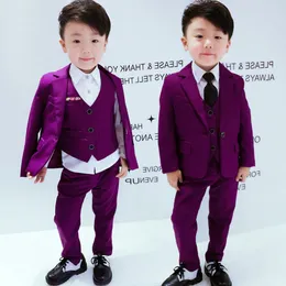 Solid Purple child Blazer suit quality Wedding Flower Boy Dress Baby Clothing Set 4parts tie jacket vest pant kid Formal suit