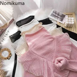 Nomikuma Koreanska Ruffle Stickade Pullovers Turtleneck Långärmad Basic Knitwear Solid Slim Women Top Jumpers 6e916 210427