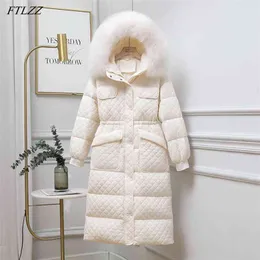 Mulheres inverno grande coleira de pele natural longo para baixo parka espessa quente 90% branco pato casaco de neve jaqueta de neve 210430