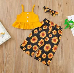 Toddler Baby Tjej Kläder Ställer Barnens Ribbed Sling Toppar Väst Sunflower Printed Byxor Hårband 3pcs Outfits Newset Set