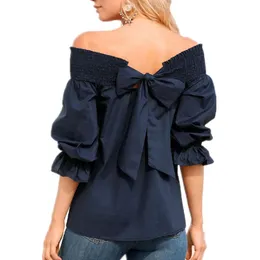 Women's Blouses & Shirts Off Shoulder Women Fashion Backless Bow Sleeve Female Blouse Boat Neck Sexy Streetwear Blusa