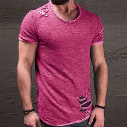 Fashion Summer Ripped Clothes Men Tee Hole Solid T-Shirt Slim Fit O Neck Short Sleeve Muscle Casual Jersey Tops T Shirts 210726