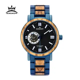 ساعة معصم Kingnow الرجال الساعات الميكانيكية الفاخرة العلامة التجارية العلامة التجارية الذكور wooden wristwatch هدية عيد الميلاد هدية الفولاذ المقاوم للصدأ مشاهدة الرجل