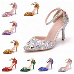 Luxus Hochzeit Schuhe Strass Frauen Sandalen Spitz High Heel Party Bankett Abendkleid Bridesmai Pumpen 7CM