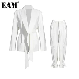 [EAM] Wide Leg Pants Big Size Bandage Two Piece Suit Lapel Long Sleeve Loose Fit Women Fashion Spring Autumn 1DA241 211105