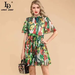 Sommar Mode Runway Silk Dress Kvinnor Butterfly Ärmbälte Jungle Green Cactus Print Mini Vintage 210522