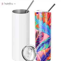 Sublimation Tumblers 20 oz Stainless Steel Double Wall Insulated Water Bottles Sublimation Mugs Cups Blank DIY birthday gifts with Lid Plastic Straws BDC21