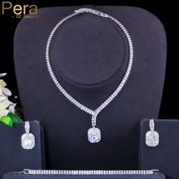 Pera Classic 3Pcs Engagement Wedding Party Square Crystal Jewelry Set Women Necklace Earrings Bracelet Jewellry Accessories J413 H1022