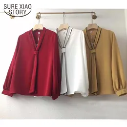 Chiffon Shirts Women Temperament Long Sleeve Red White Loose Tops V-neck Solid Tie Pullover Elegant Womens Clothing 8912 50 210417