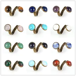 12 mm Damen-Naturstein-Ring, doppelte Heilungs-Chakra-Steine, Türkis, Tigerauge, Onyx, Rosenquarz, Spirale, Kupfer, Antik-Bronze, verstellbare Fingerringe, Schmuck