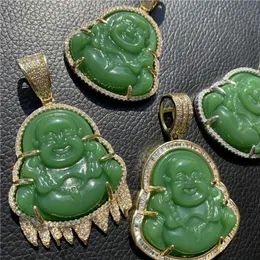 Hip Hop Iced Out Chain Laughing Buddha Grön Jade Halsband Guld Silver Pläterad Lab Simulerade diamanter CZ Smycken