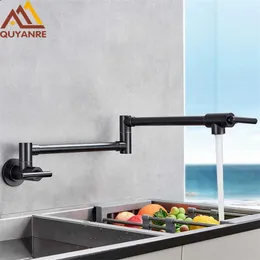 Quyanre Chrome Nickel Black Brass Pot Filler Tap Wall Mounted Kitchen Faucet Single Cold Single Hole Tap Rotate Folding Spout 211108