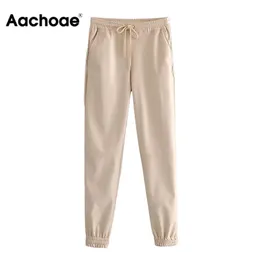 Aachoae Lady Full Length PU Läderbyxor Drawstring Sport Stil Lång Sweatpants Kvinnor Baggy Casual Pencil Pantalon Mujer 211102