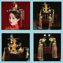 Bröllop hår smycken vintage kinesisk brud huvudbonad kronor band tiaras hårgrips huvudstycken pannband släpp leverans 2021 mwhxu