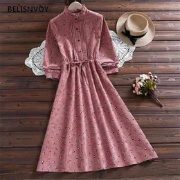 Japansk Mori Girl Höst Vinter Kvinnor Midi Dress Ruffled Collar Loose Lace Up Vestidos Longo Pink Green Corduory Sweet 210520