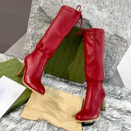 Big Size 43 Women Designer Zipper Slip-on Black Lady Leather Pleated High Heel Boots Desert Flamingos Love Arrow Letter Canvas Over-the-knee Medal Coarse boots shoes