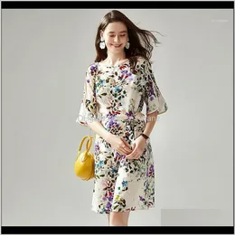 Sukienki Damskie Odzież Odzież Dojazdowa Dostawa 2021 100 Percent Silk Woman Floral Printed Dekoracji Okrągły Neck Pół Rękaw Waist Odchudzanie Dres