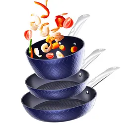 Cooking Utensils Frying Pan Sets Non Stick 3Pieces Blue 3D Diamond Cookware 20/24cm 18cm Saucepan - Pots and Pans Set Aluminum Ceramic Coating