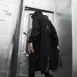 Vår Höst Män Ribbons Patchwork Punk Hip Hop Long Trench Coat Hooded Cloak Men Black Zipper Techwear Long Jacket Overcoat 211011