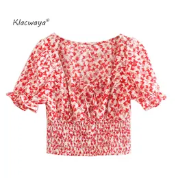 kvinnor söt fasion elastisk midja kort tryck t-shirt elegant fyrkantig krage puff ärm kvinnliga toppar vestidos mujer 210521