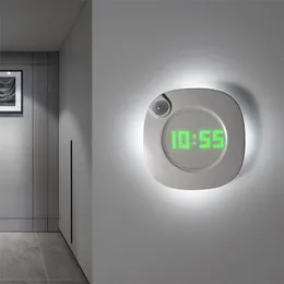 PIR Motion Sensor LED Night light With Digital Time Wall Clock USB Rechargeable lamp For Bathroom Decoration 211110