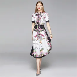 Fashion Runway Summer Midi Dress Women Short sleeve Bow Collar Floral Chain Print Vintage Dress Female Holiday A-Line Dress 210514