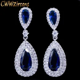 Splendida pietra bianca con zirconi cubici Impostazione goccia d'acqua di lusso Lungo orecchino blu reale Gioielli per feste da donna CZ296 210714
