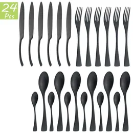 6/24 sztuk Czarny Obiadowa Zestaw sztućców Zestaw Ze Stali Nierdzewnej Kuchnia Stołowa Noże Kawałki Kawowa Spoon Flatware Drop 210928