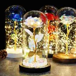 Wieczna róża kwiat LED migające kwiaty w kolbie szklana kopuła prezent na walentynki dekoracje ślubne walentynki Mariage 210610