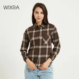 Wixra Frauen Bluse Tops Drehen-unten Kragen Lose Langarm Plaid Casual Shirts Dame Casual Stil Tops Kleidung Blusas 210410