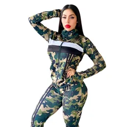 European och American Women's Pants 2-Piece Set 2021 Ny Camouflage Commuter Printed Sports Suit