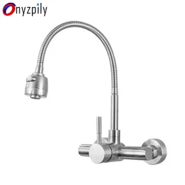 Onyzpily Brushed Kitchen Faucet Wall Mounted Two Models &Cold Water Sink Faucet 360 Rotation Sprayer Taps 211108