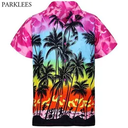 야자 나무 인쇄 남성 하와이 셔츠 짧은 소매 캐주얼 여름 남성 열대 알로하 파티 해변 착용 의류 chemise 3x 210809