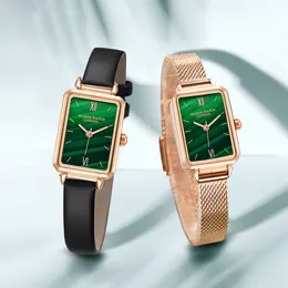 レトログリーンダイヤルシンプルな気質の女性の時計クォーツスタンダーは、ネットスチールベルトと本物の革のストラップ繊維風景繊細な女の子の腕時計を時計