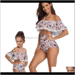 Vestuário de roupa das mulheres entrega entrega 2021 Família Matching Swimwear Mãe Filha Swimsuit Mulheres Desligado Ombro Banheira Terno Meninas Tassel Flo