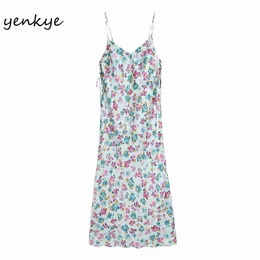 Summer Women Multicolor Floral Print Sexy Sling Dress Femminile Coulisse laterale Scollo a V A-line Long Night Out Vestido 210430