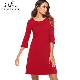 Nizza-für immer Kausal Elegante Feste Rote Farbe O Neck Vestidos 3/4 Überzogene Ärmel Arbeit Frauen Gerade Shift Kleid T028 210419