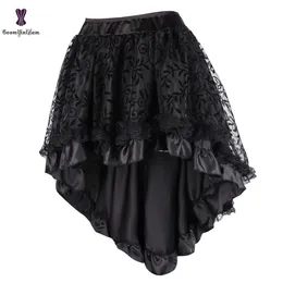 Nero delle donne vittoriano asimmetrico increspato raso pizzo gonne gotiche corsetto vintage steampunk gonna costumi cosplay 937 # 210629
