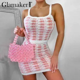 Гламукер вязаный костюм без рукавов наборы женщин розовые сексуальные два частей топ и юбка набор осень моды дамы кредиты ORD клубные наряды 210412