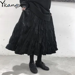 Gonna a pieghe lunga in velluto vintage da donna stile coreano da donna elastico longuette a vita alta nero primavera abiti gotici Harajuku 210421